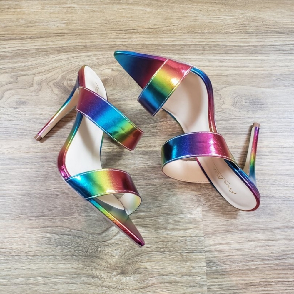 Anne Michelle Rainbow Metallic Strappy Stiletto Heels